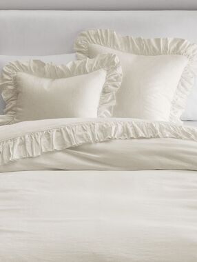 Pottery Barn Ivory Belgian Linen Ruffled Duvet & Shams Queen NWT